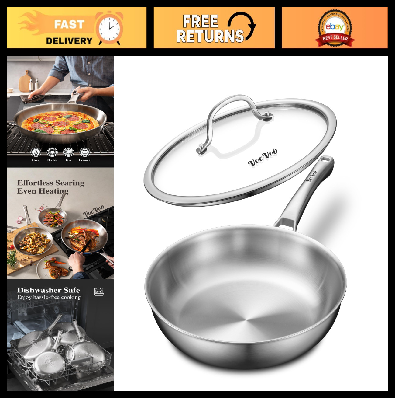 12″ Stainless Steel Frying Pan with Lid, Non-Toxic Tri-Ply Skillet, Oven Safe, I