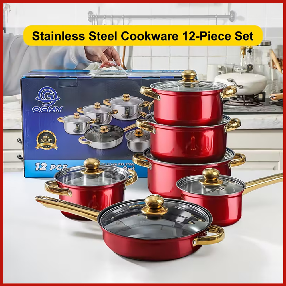 12 Piece Cookware Set Nonstick Pots and Pans Home Kitchen Cooking Non Stick Red