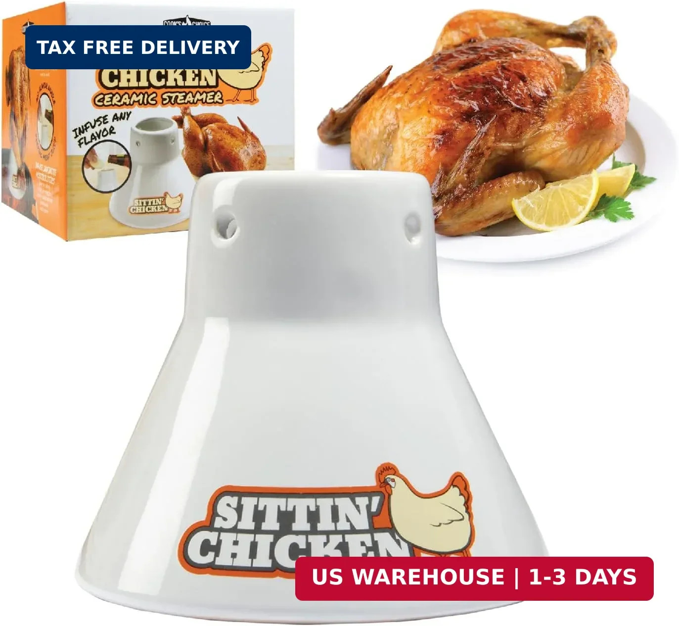 Cook’s Choice Sittin’ Chicken Ceramic Beer Can Roaster & Steamer – Reusable Vert