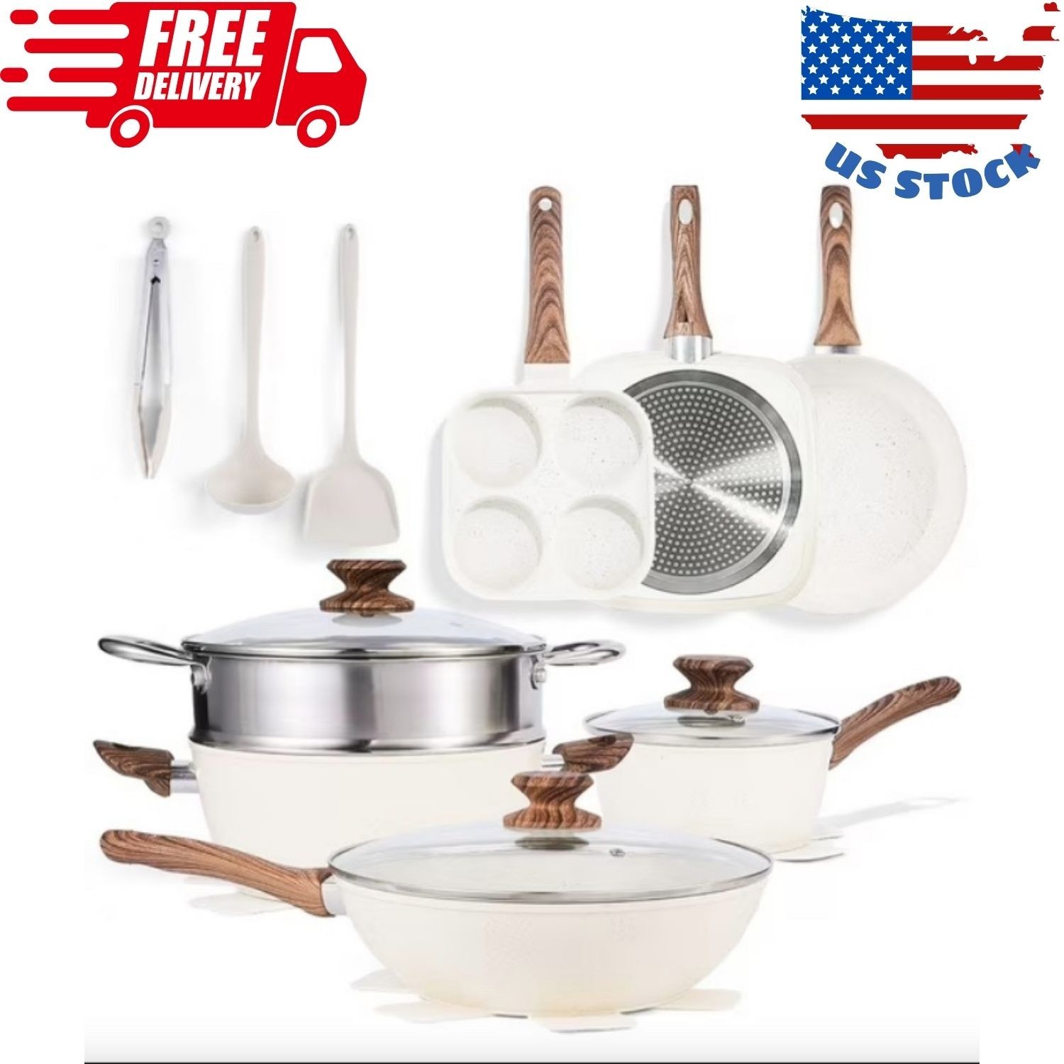 17 Pcs Non-Stick Pots and Pans, Non-toxic, Cooking Set with Stay-Cool Handles
