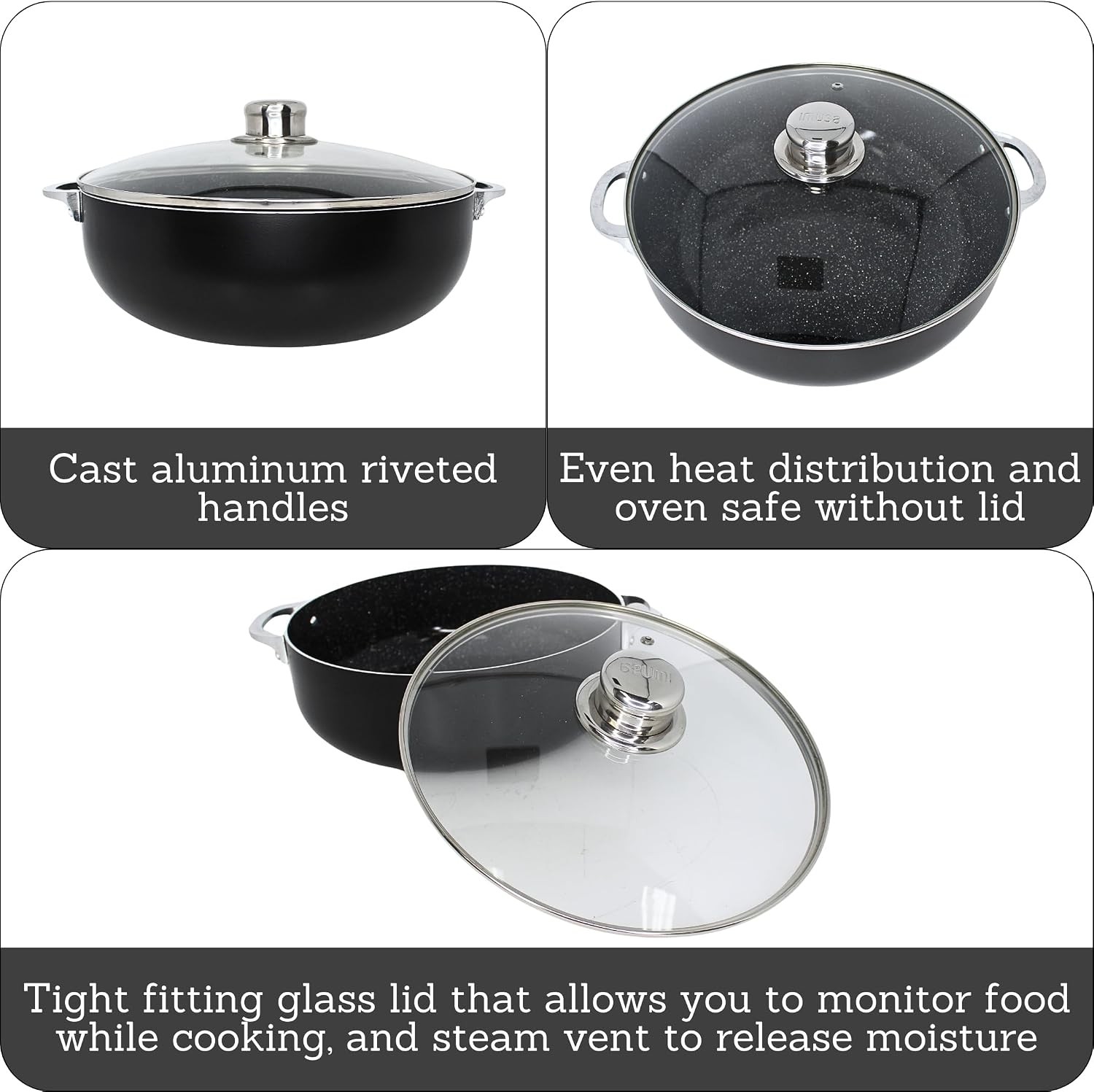9.0qt Aluminum Speckled Black Ceramic Caldero W/ Glass Lid Black