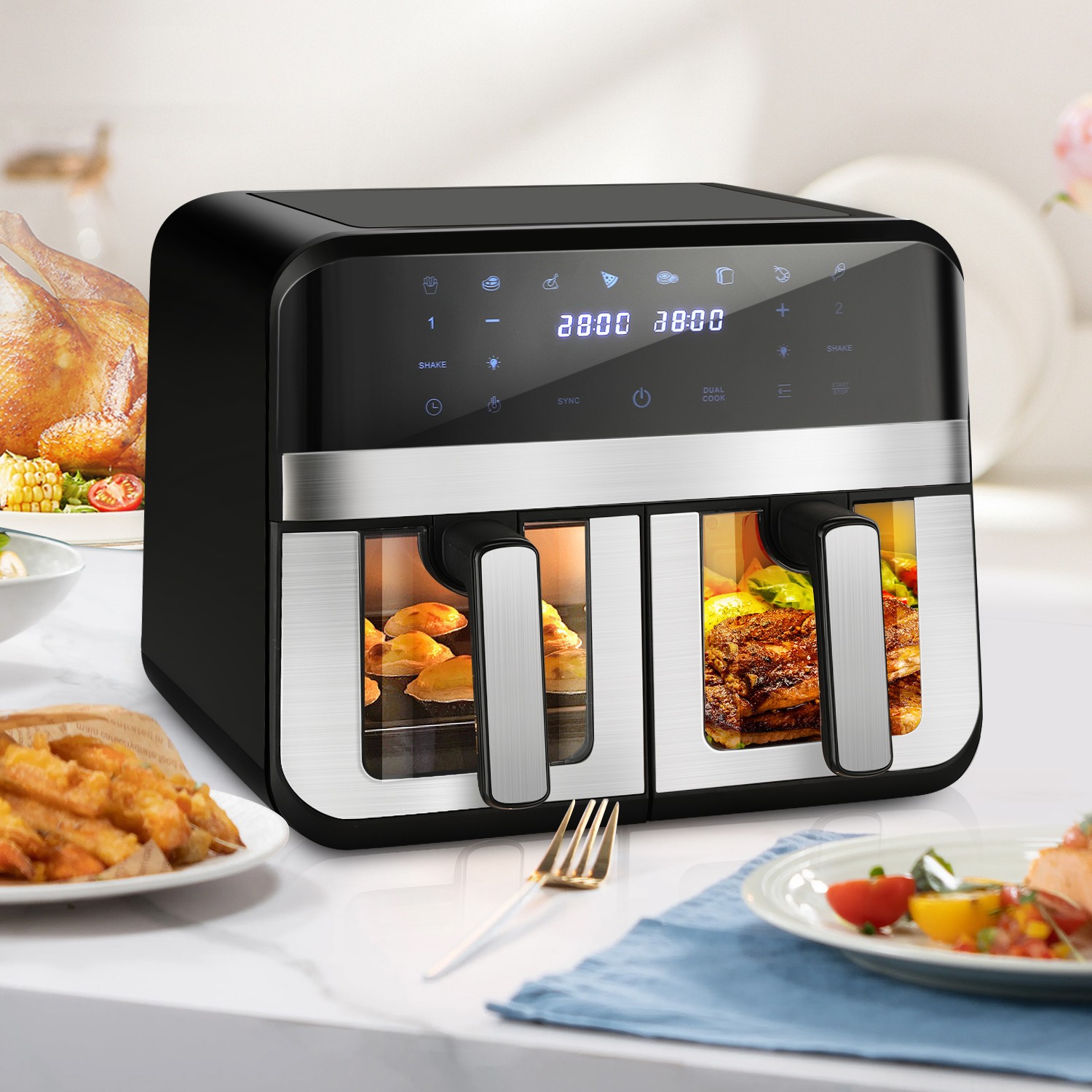 Fat 2400W Digital – Air Low Fryer Dual 80 Air Fryer Modes 9L 200°C 8 Touchscreen
