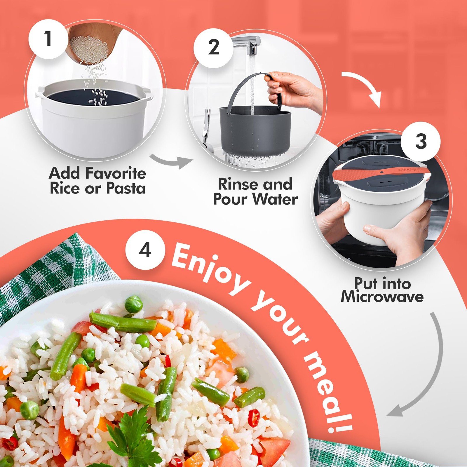 Microwave Rice Cooker Steamer and Pasta Cooker with Strainer – Mess-Free Desi…