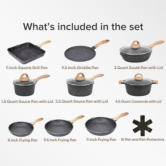 JEETEE Pots Pans Set Nonstick 23pcs Healthy Kitchen Cookware Sets – Gray/Granite