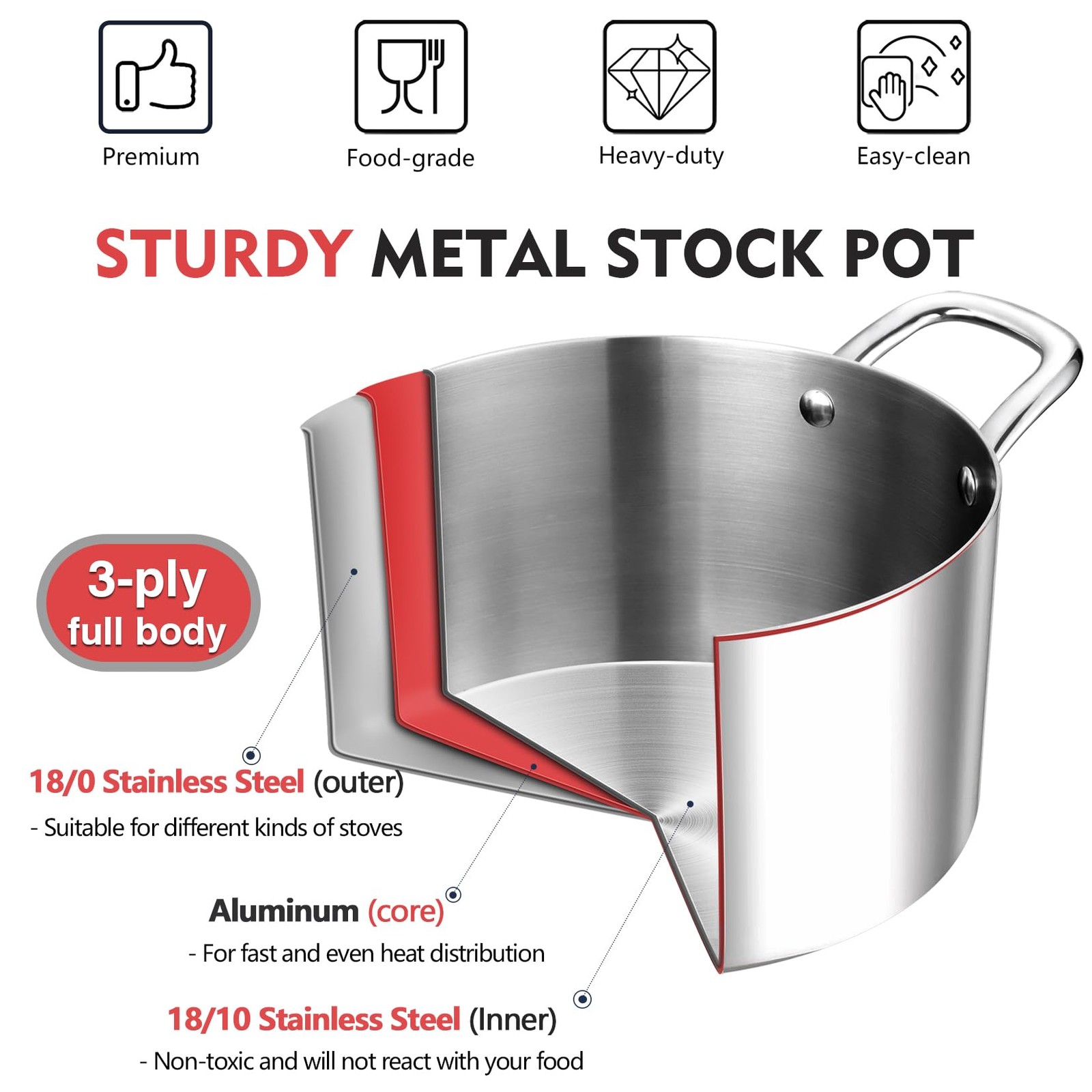 P&P CHEF 4 Quart Tri-Ply Stainless Steel Stock Pot, 4 Qt Stockpot Pasta Cooking
