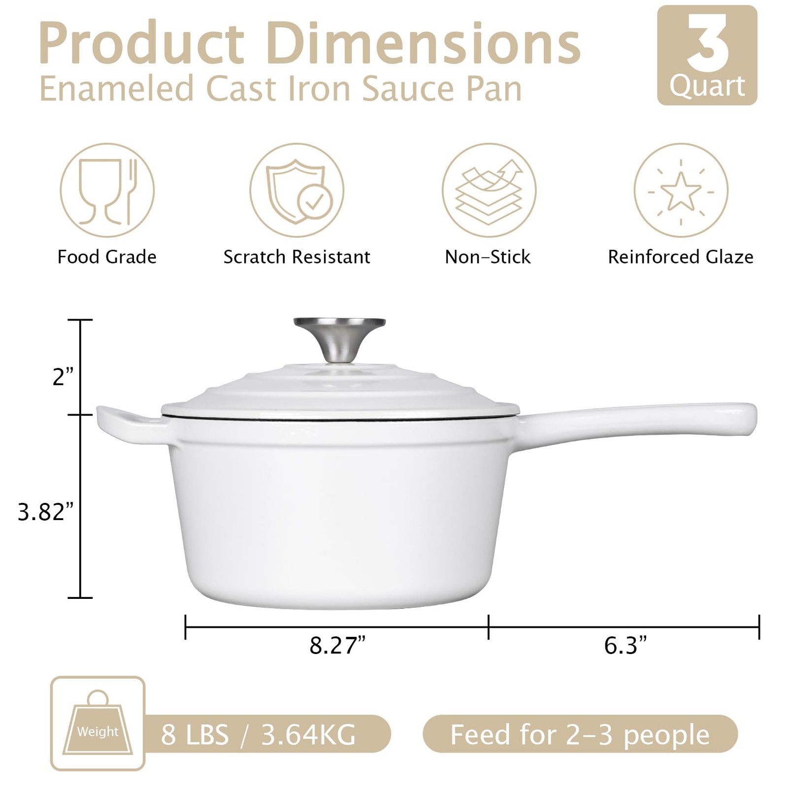TeamFar 3QT Enameled Cast Iron Sauce Pan, Small Sauce Pot with Lid, Mini Dutch O