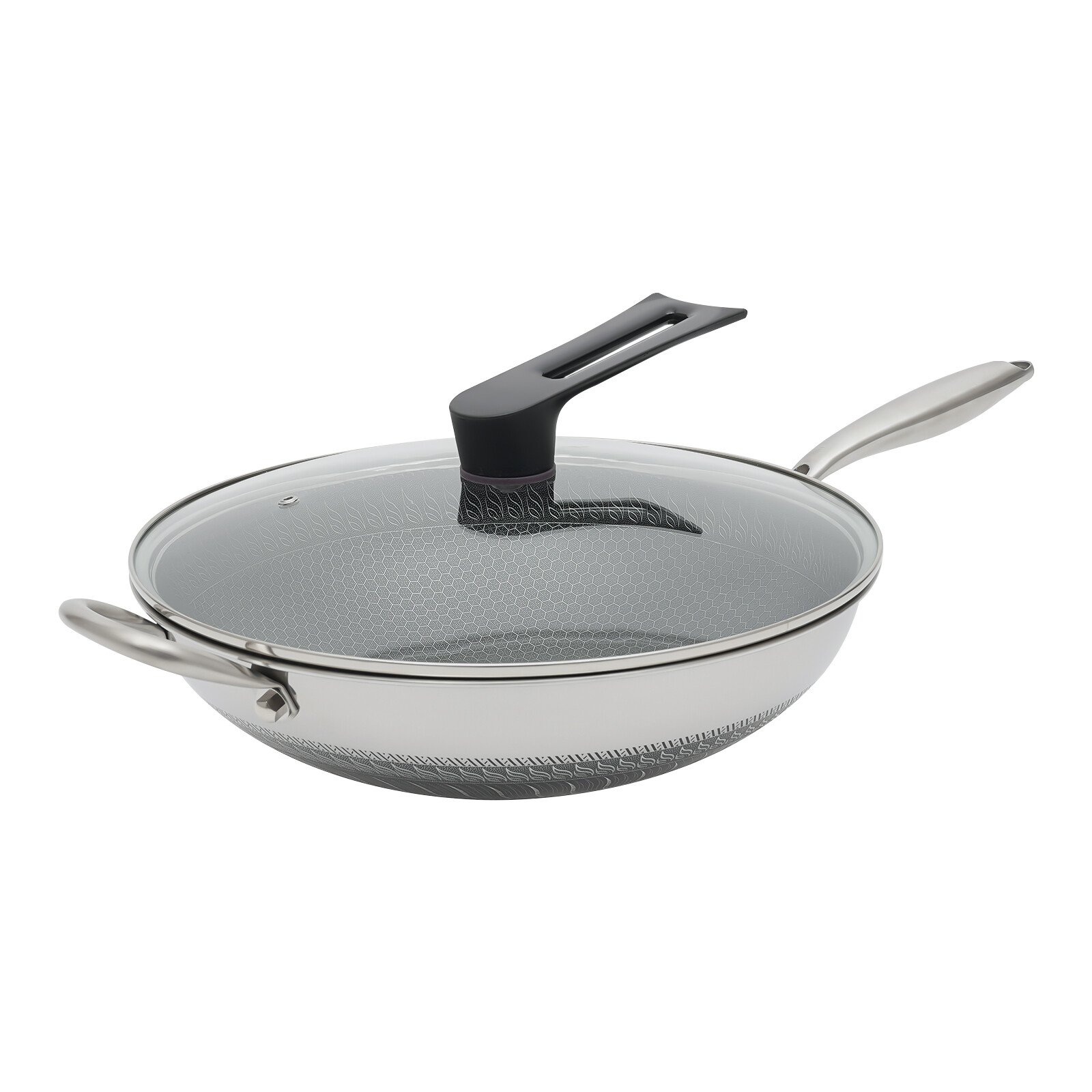 304 Stainless Steel Honeycomb Non-Stick Wok 34cm Double-Sided With Glass Lid