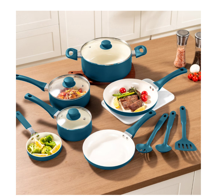 12pc Ceramic Nonstick Cookware Set Aluminum Pots Pans Blue Kitchen