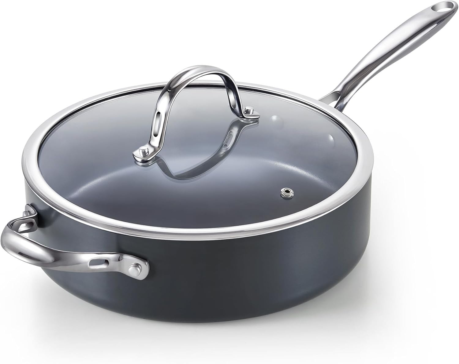 4QT Ceramic Nonstick Deep Saute Pan with Lid 10.5in Induction Safe