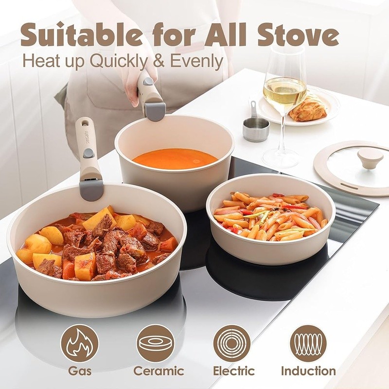 17 Piece Nonstick Ceramic Cookware Set Stackable Removable Handle Safe New