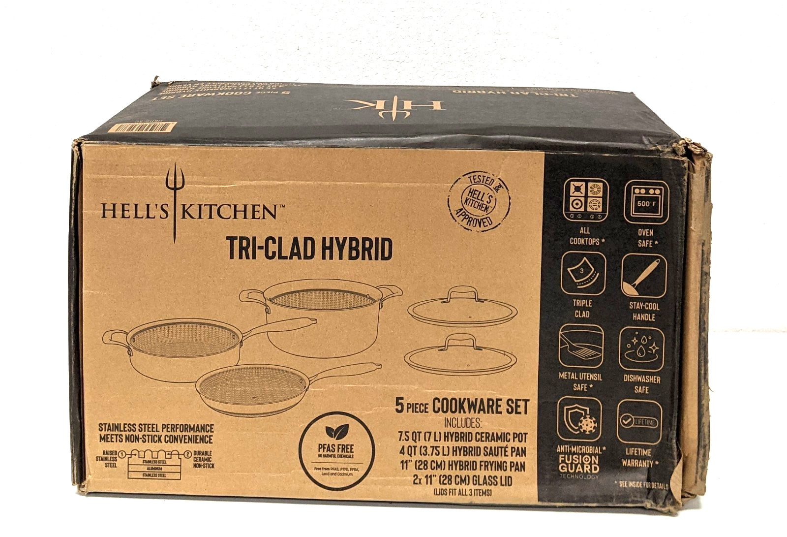 Hell’s Kitchen 5pc Tri-Clad Hybrid Cookware Set PFAS-Free Open Box HKHS-5C