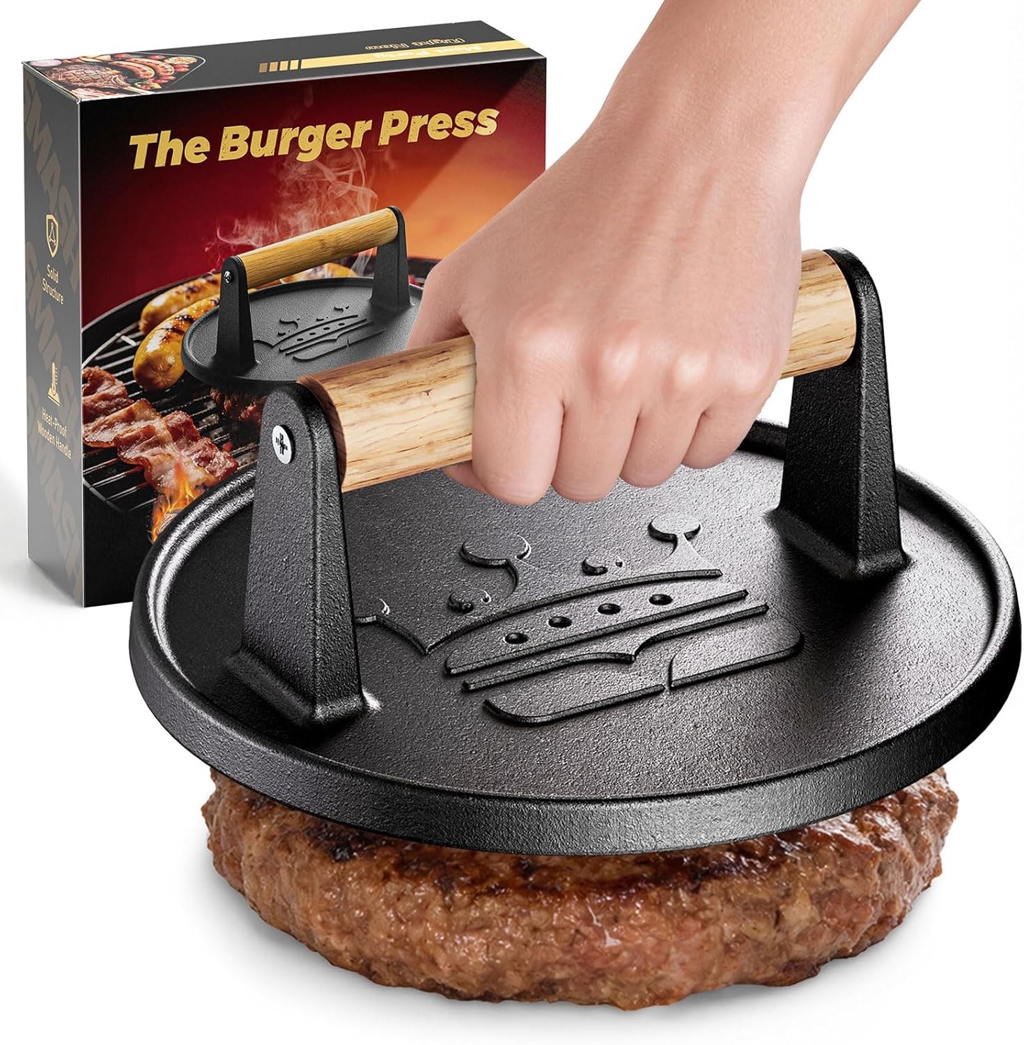 Smash Burger Press 6.5”,Cast Iron Flat Round Edge