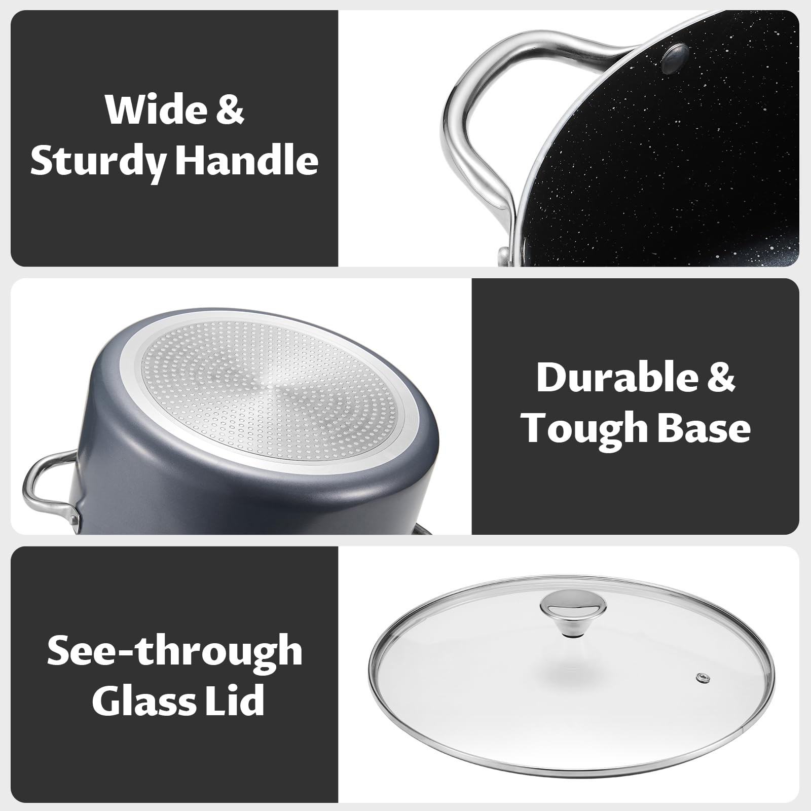 6 Quart Grey Non Stick Stock Pot, Lid, Aluminum Soup, Stew Pot, Induction