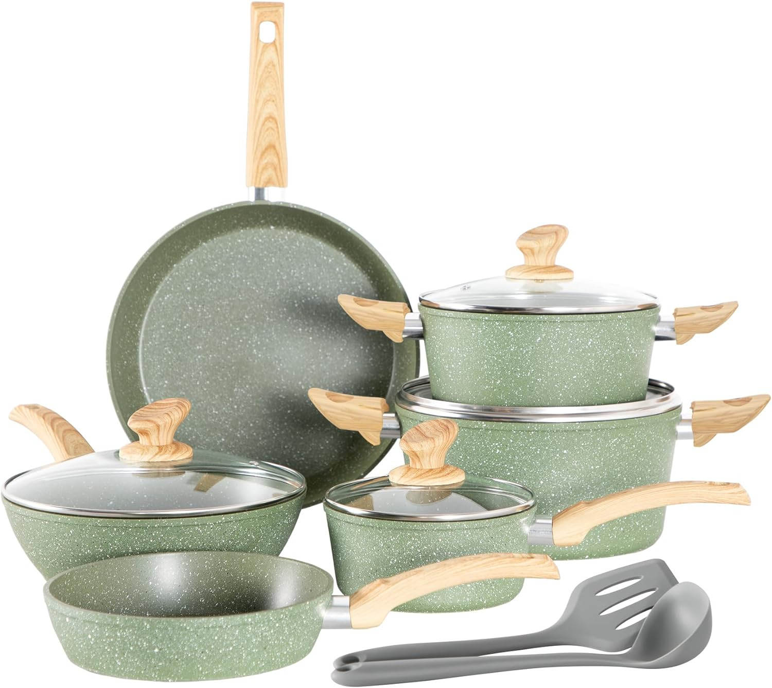 Non Toxic Pots and Pans Set Non Stick – 12 Piece Induction Cookware Sets, Green
