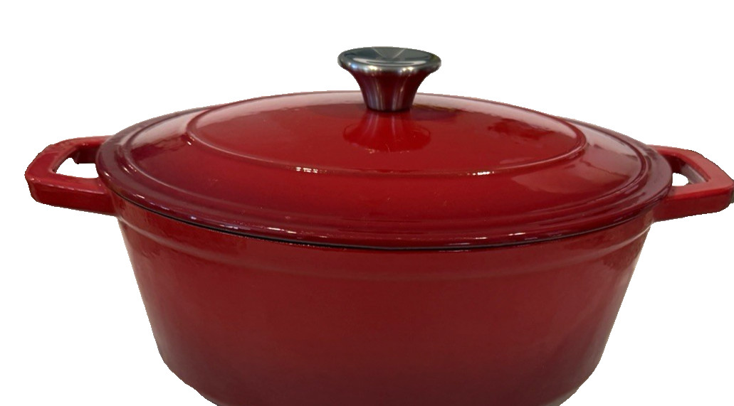 Crofton CAST IRON Red Cherry Ambre Enameled Lidded Oval Handles 4.6 QT Heavy