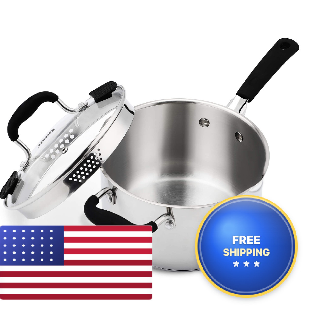 Rorence 3.7 Quart Glass Lid Stainless Steel Sauce Pan Two Sides Pour Silicone