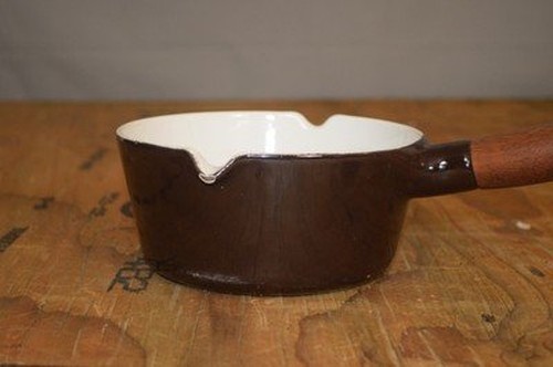 Vintage Copco Denmark Enameled Cast Iron Saucepan Butter Warmer Brown Wood