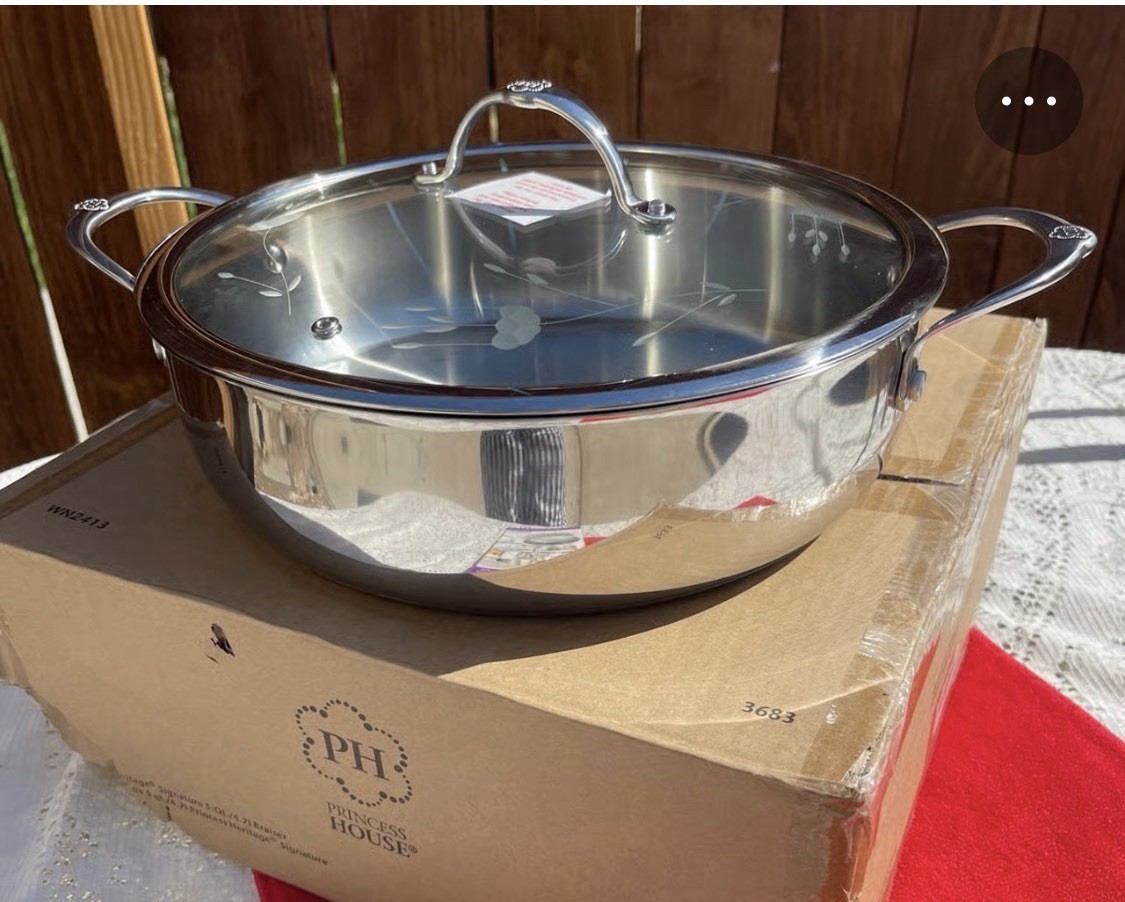 Princess House Heritage 5 Qt Stainless Steel Saute Pan w/ Lid Double Handle 3683