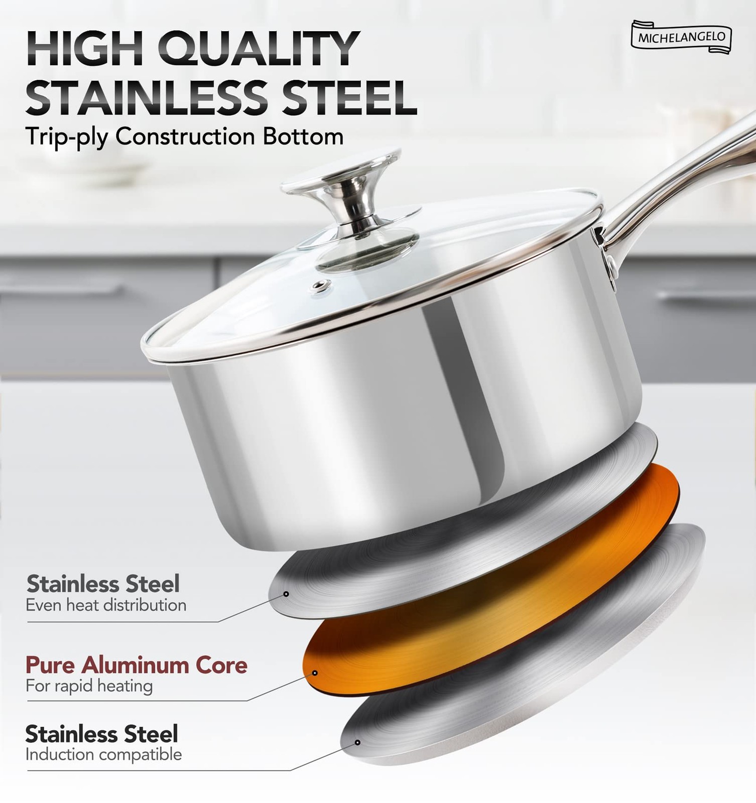 1.5 Quart Saucepan Lid Triply Thick Bottom Stainless Steel 1.5 QT Sauce Pot