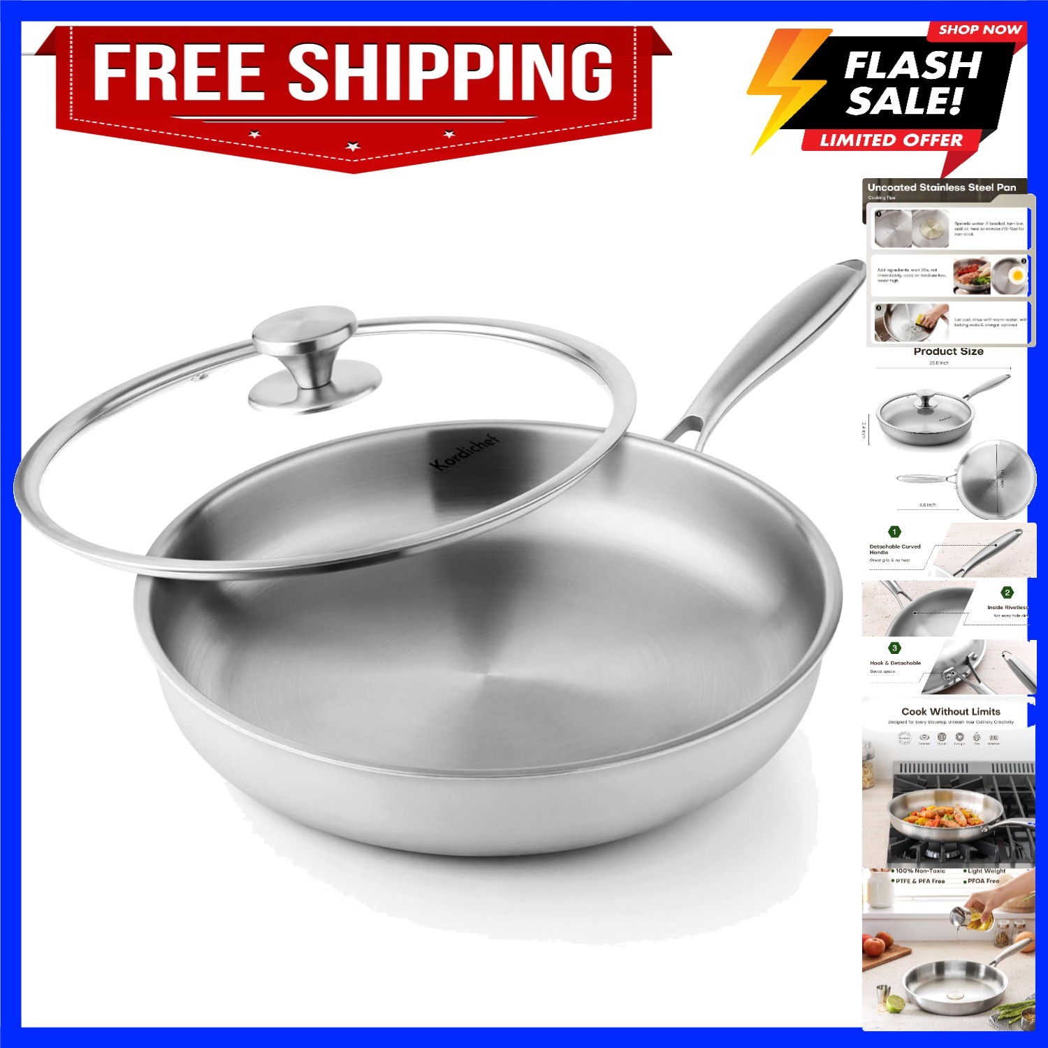 12 Inch Stainless Steel Frying Pan with Lids, Healthy Stainless Steel Skillet…