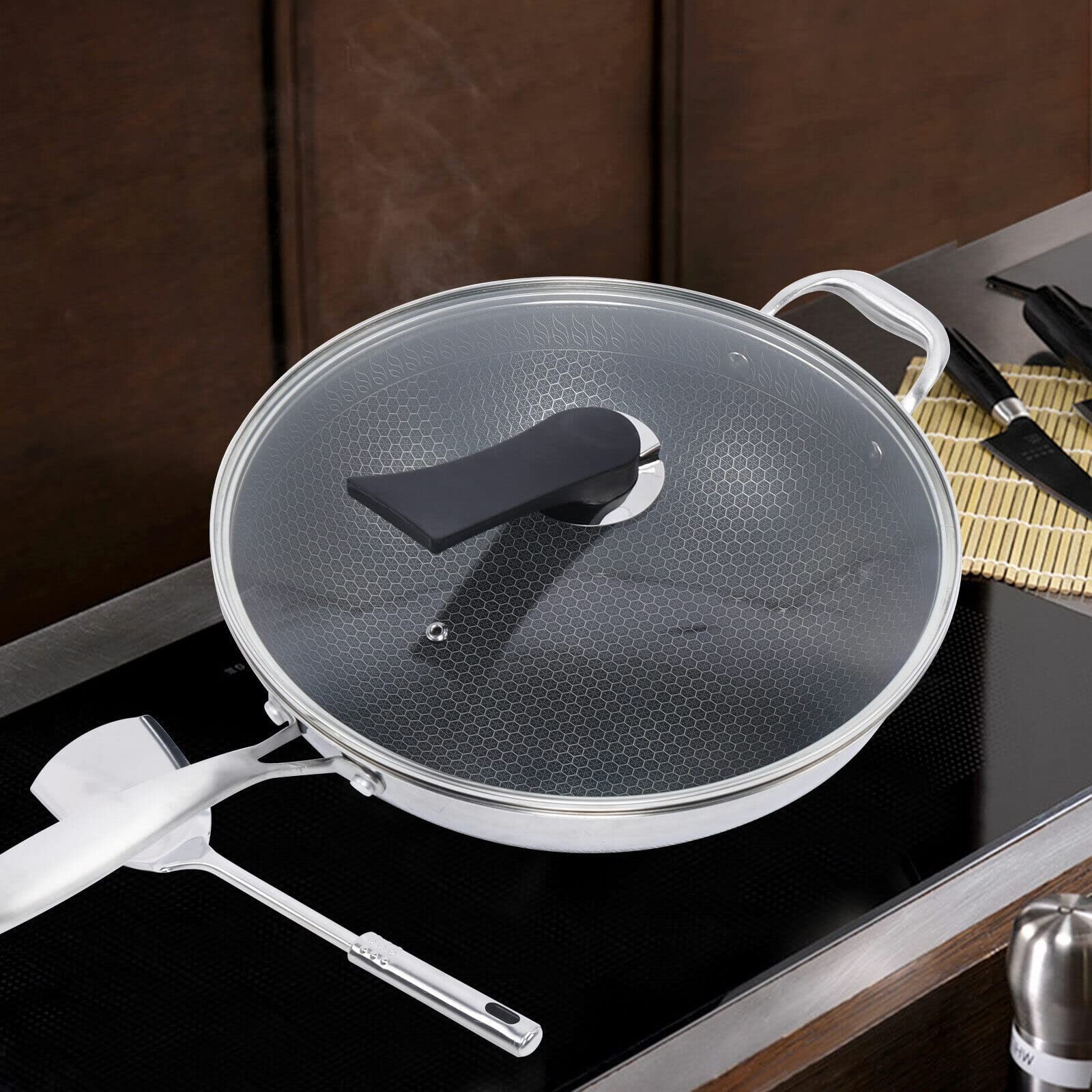 34cm non-stick double-sided honeycomb cooking frying pan with lid, induction com