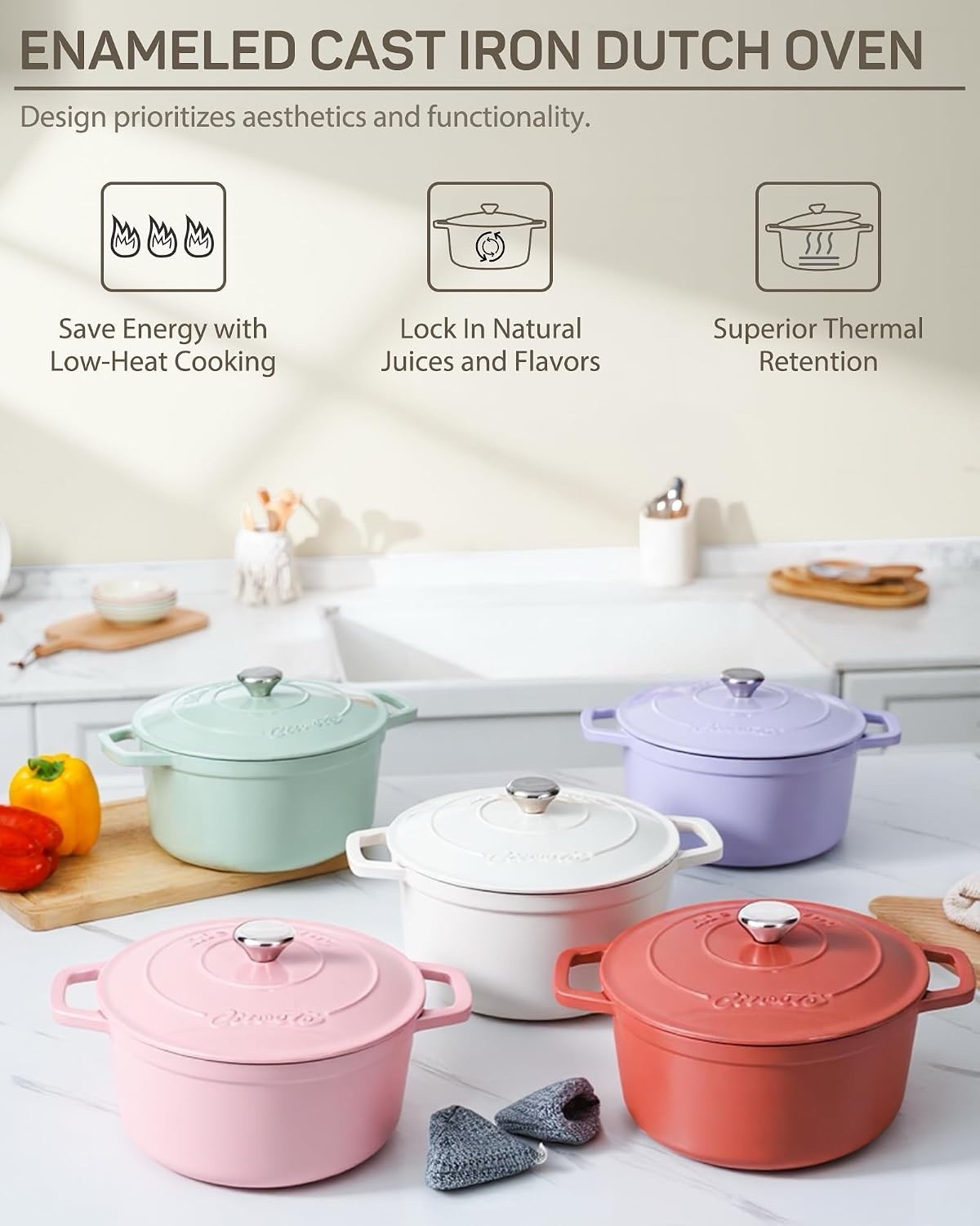 Ciwete 6QT Enameled Cast Iron Dutch Oven Pot w/ Lid Bread Baking Braiser White