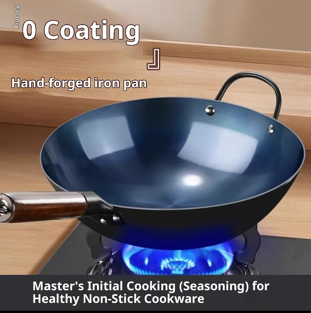 32/34/36CM Wooden Handle Iron Wok Non-Stick Stir Fry Pans Gas Stove Induction AU
