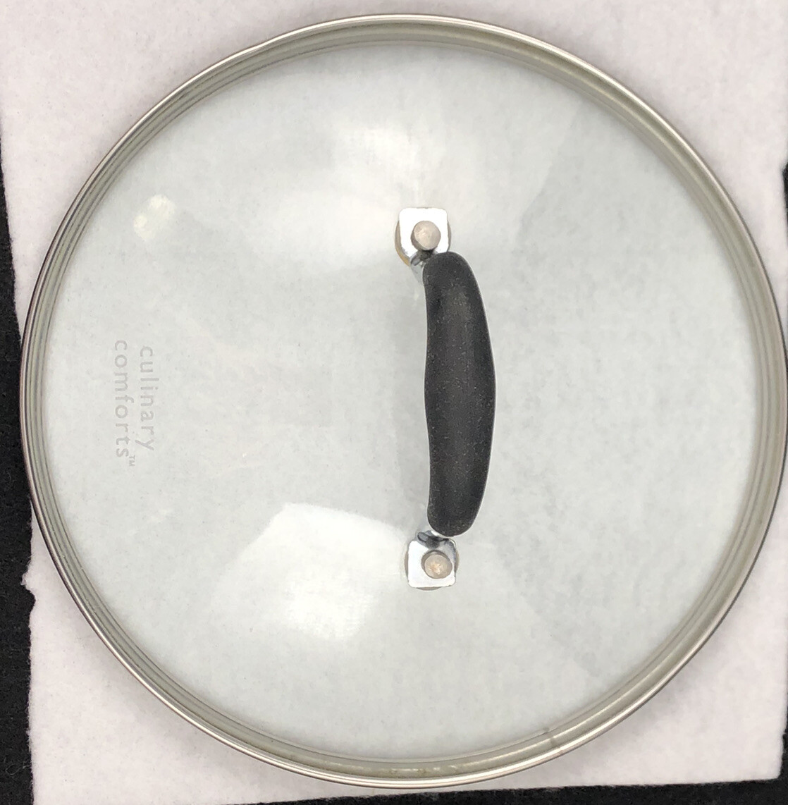 GLASS REPLACEMENT LID ONLY BLACK & SILVER HANDLE “CULINARY COMFORTS” 8″ ACROSS