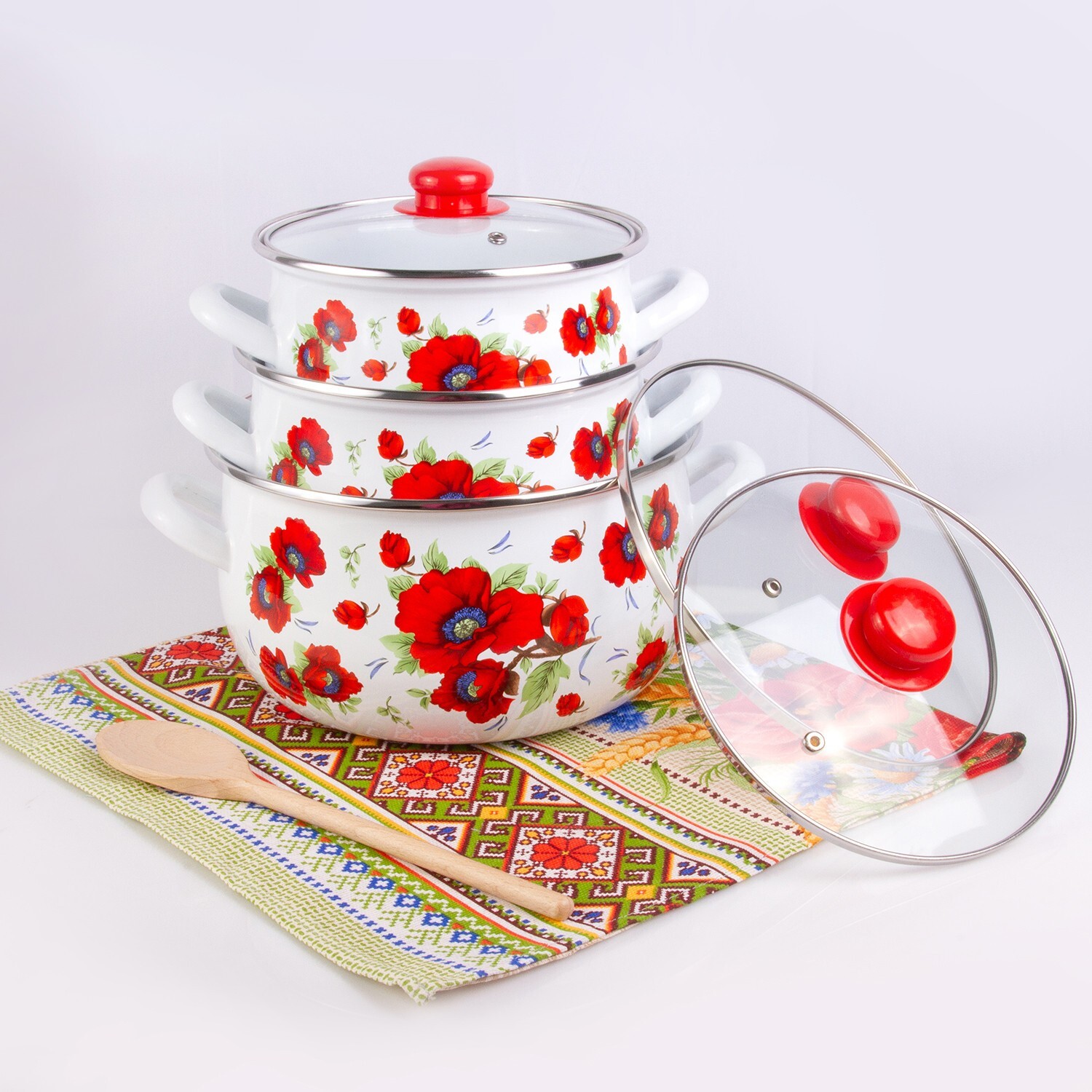 3 pc POPPY Enamel Stockpot Set Cooking Pot Set Enamel Casserole 2-qt 4-qt 6.5-qt