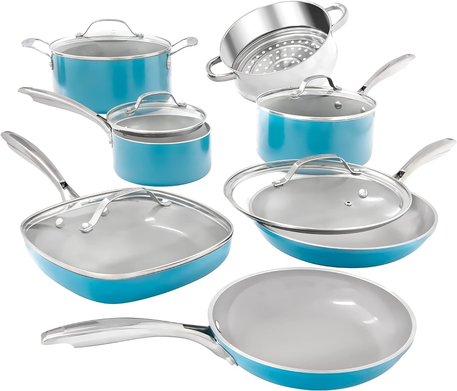 Gotham Steel 12-Pc Ceramic Nonstick Cookware Set Pots Pans Aqua Blue