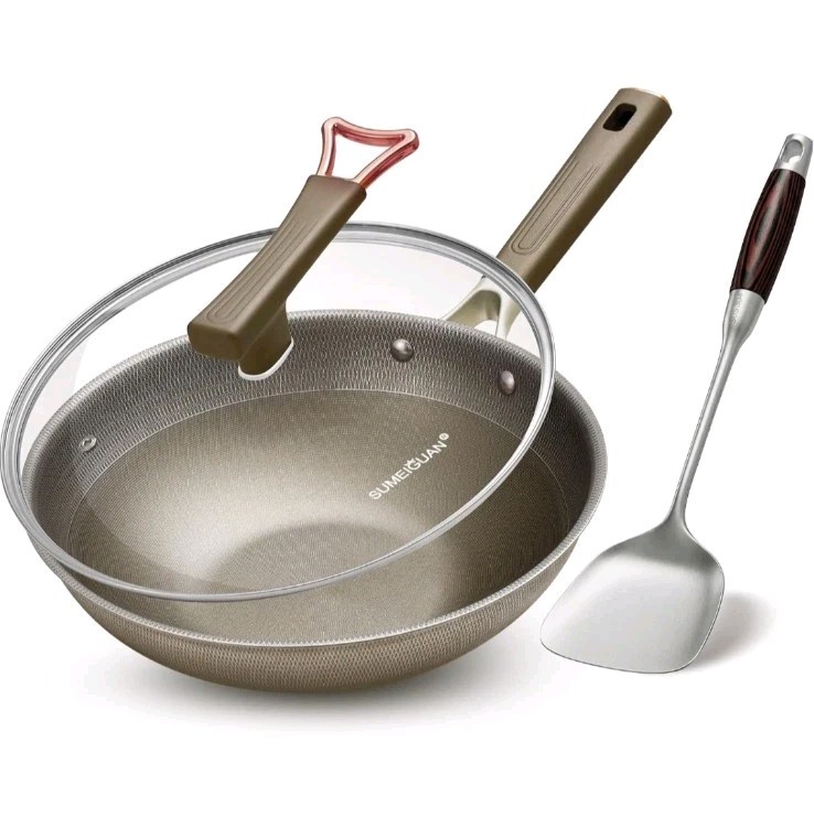 13 Inch Titanium Wok Pan w/ Lid Non Stick Frying Pan, Extended Cool-Touch Handle