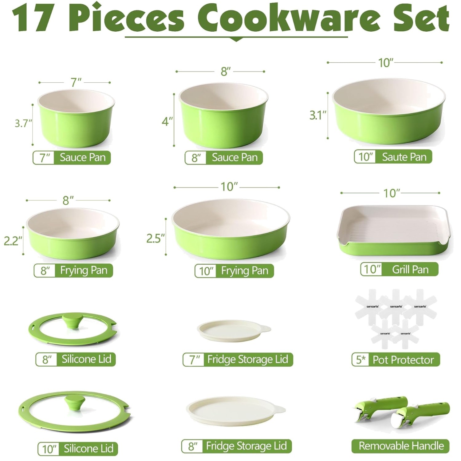 Stackable Ceramic Pots and Pans Set, Nonstick Cookware Green