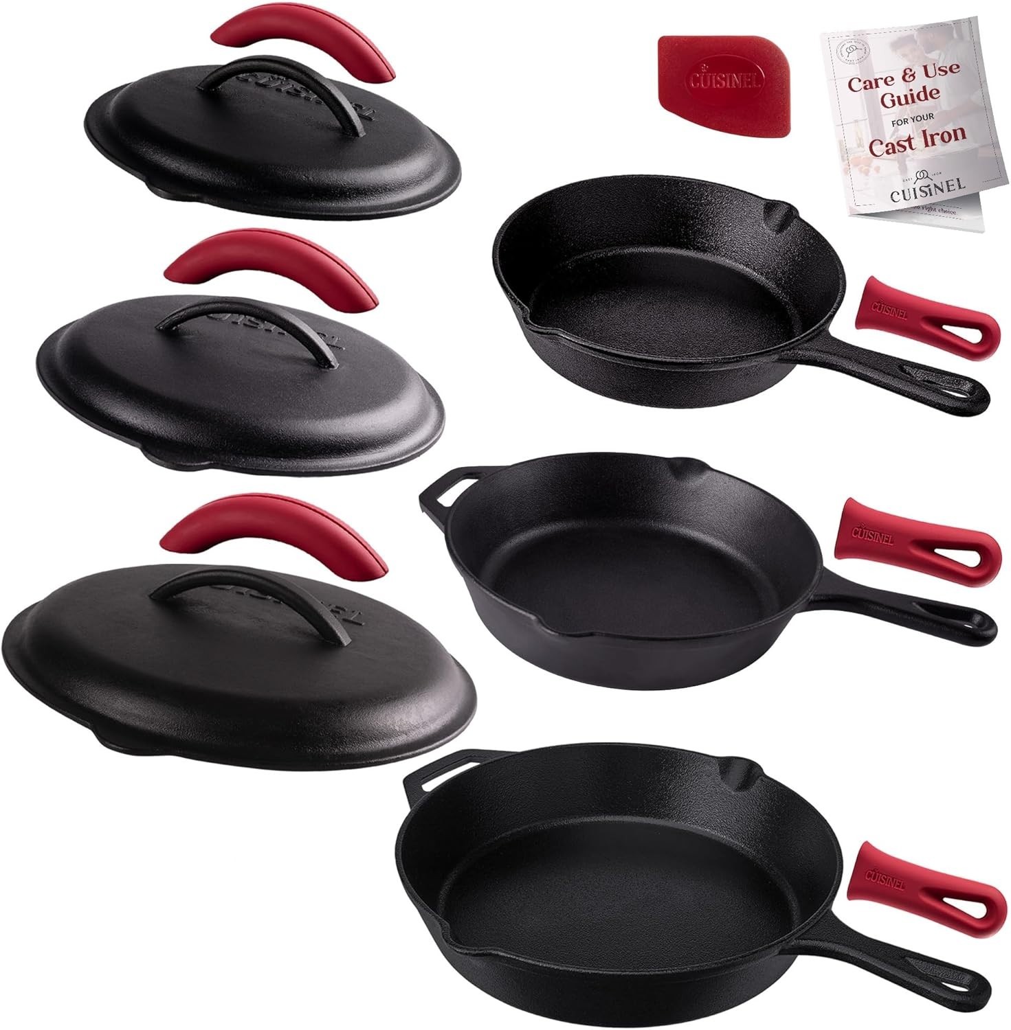 Cuisinel 8″, 10″ & 12″ Skillet and Cast Iron Braiser Lid Set C12608-10-12-CL
