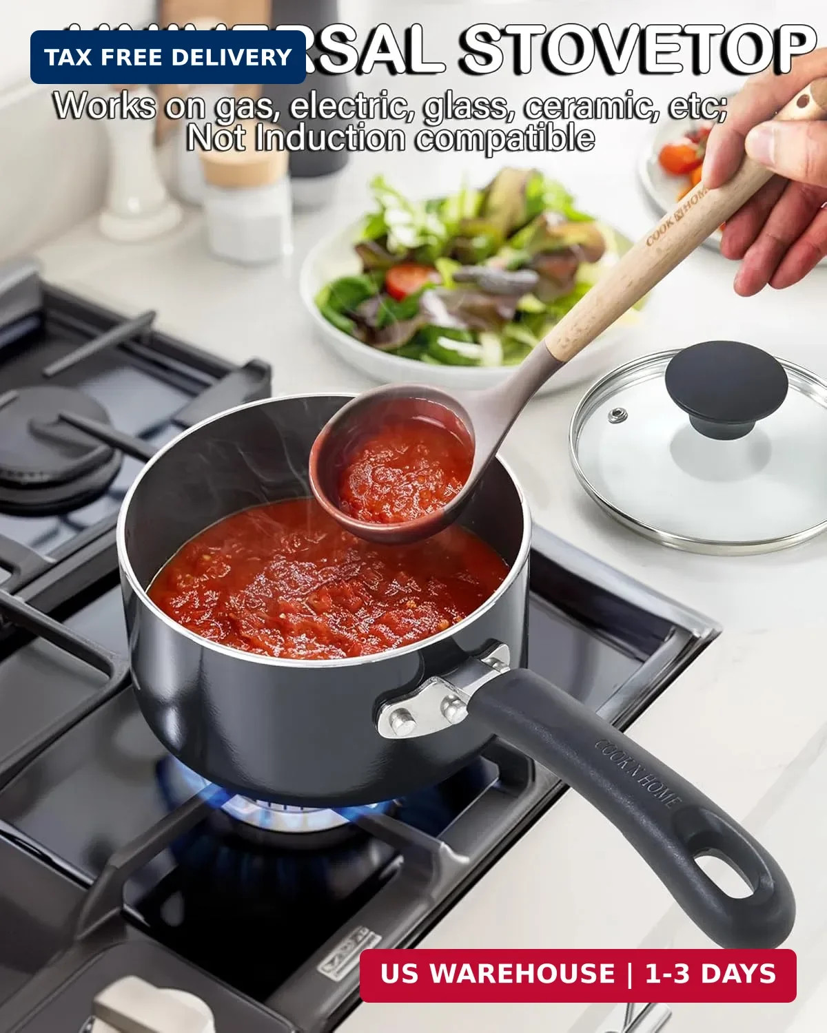 Cook N Home Basic 3 Quart Nonstick Saucepan with Glass Lid, Non Stick Aluminum S