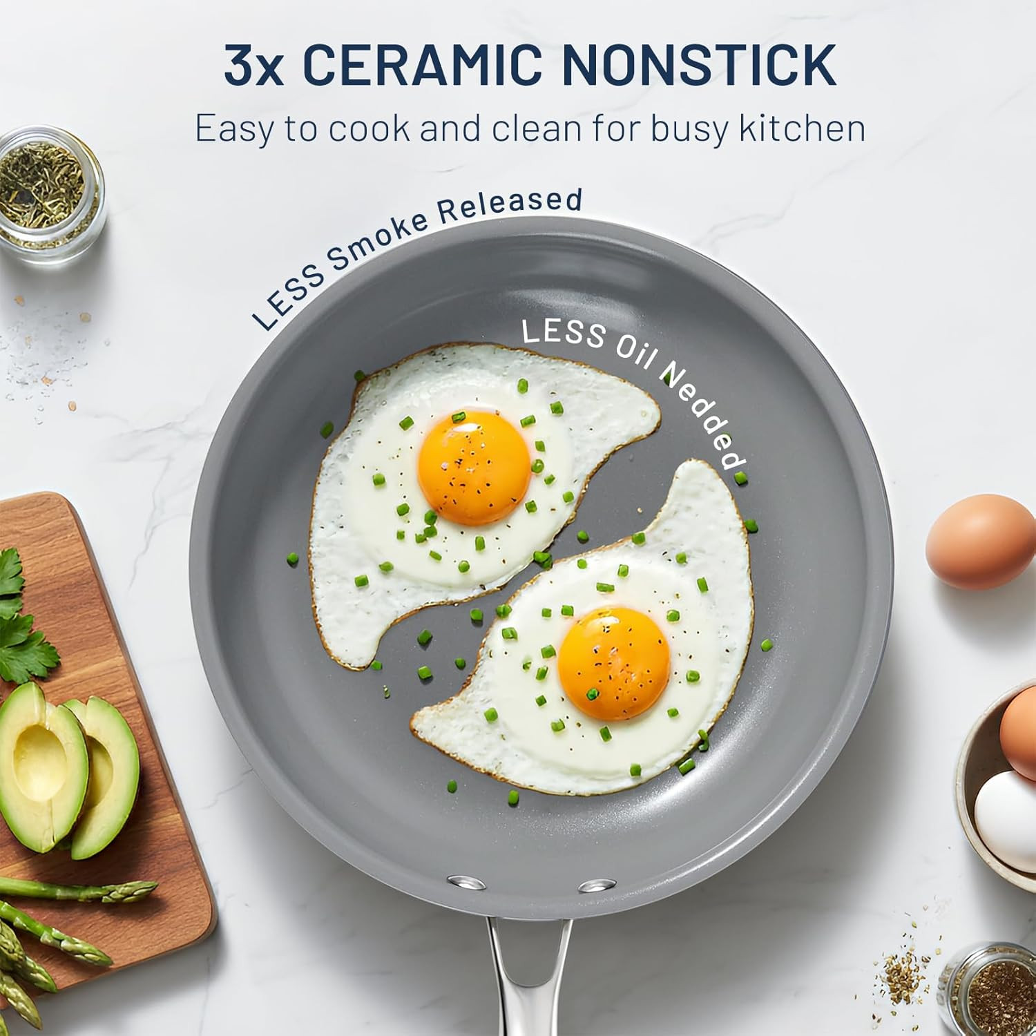 Ceramic Nonstick Frying Pan Set 3 Pck 8/9.5/11 Inch Induction Skillets PFAS-Free
