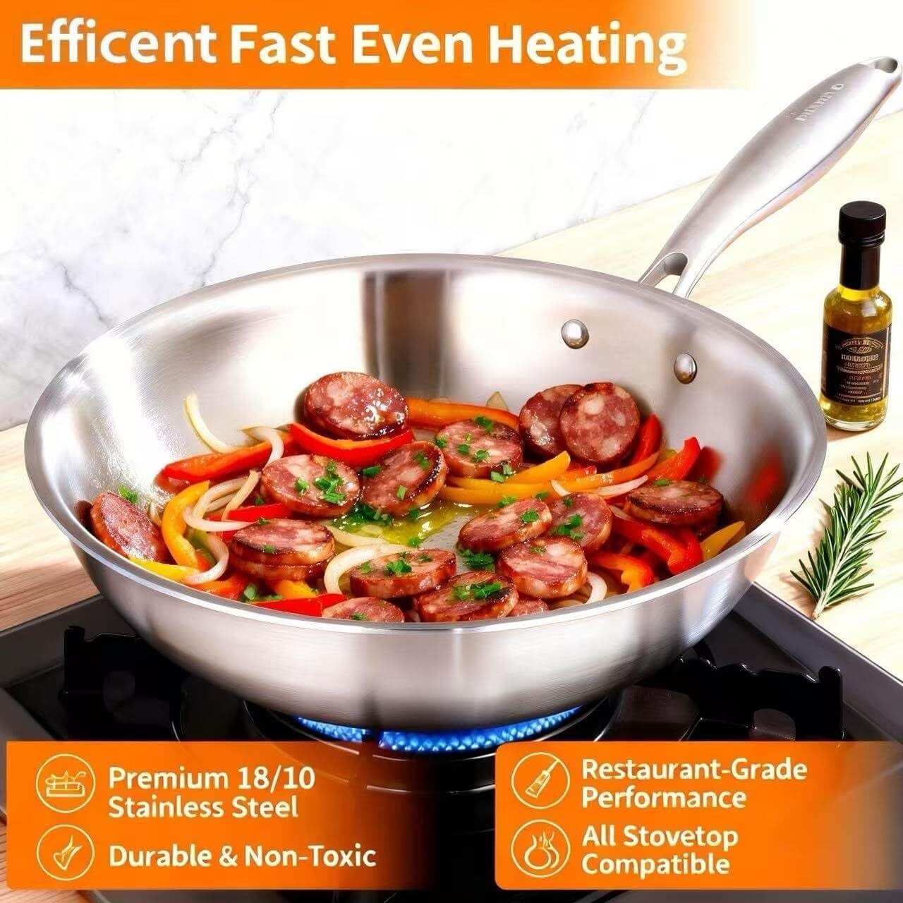 DELARLO Tri-Ply Stainless Steel Wok, 12.5 inch Induction Wok, Flat Bottom Wok wi