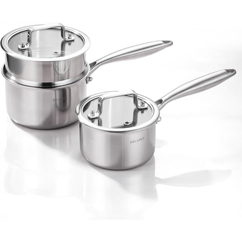 DELARLO Sauce Pan Sets, Compatible with All Cooktops 600℉, 1QT+2QT With Steamer
