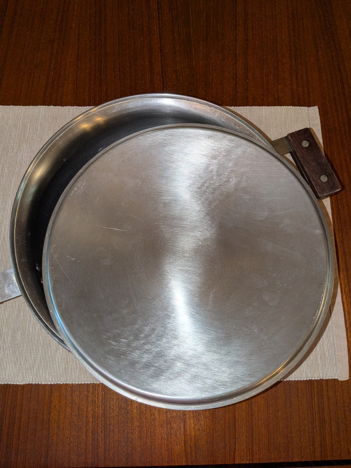 Vtg Farberware 10 Inch Skillet Stainless Steel Lid Wood Handles