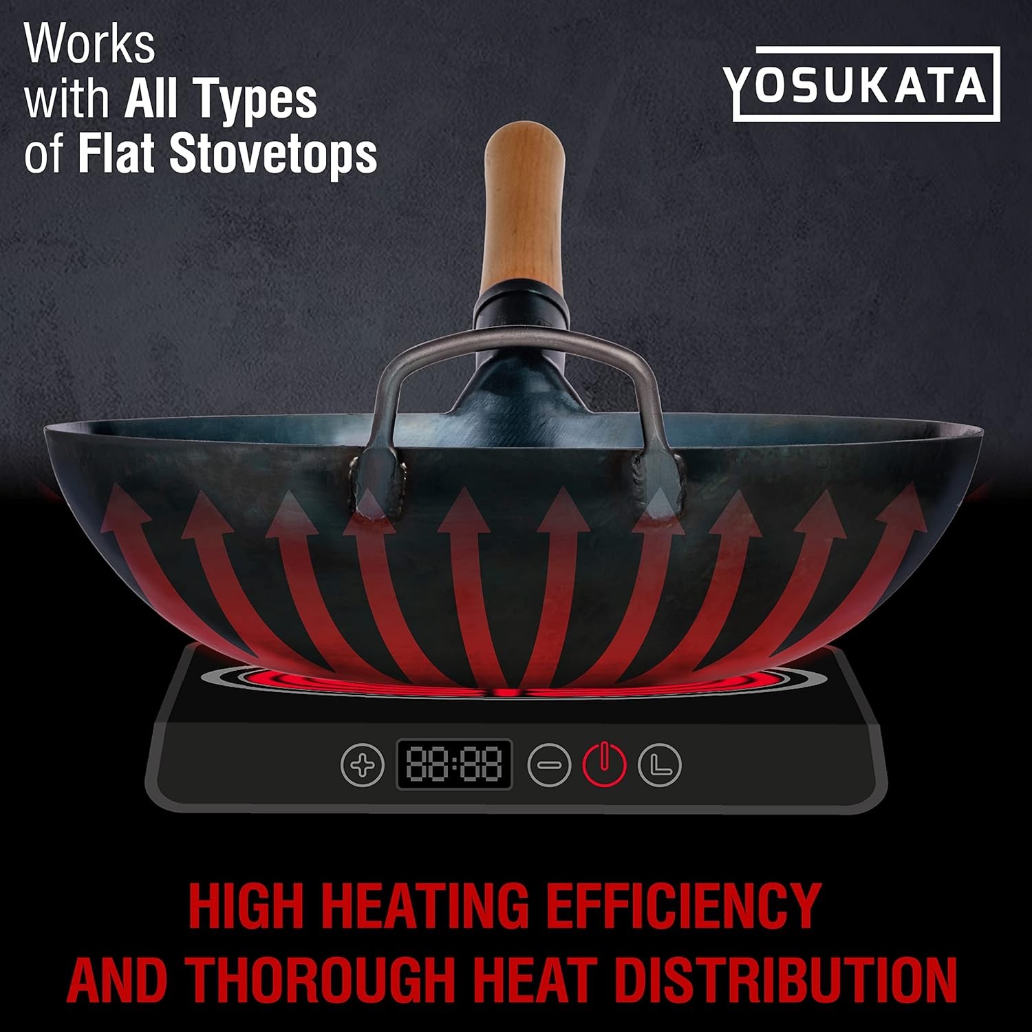 YOSUKATA 13.5” Blue Carbon Steel Wok Pan–Pre-Seasoned Flat Bottom Wok Compatible