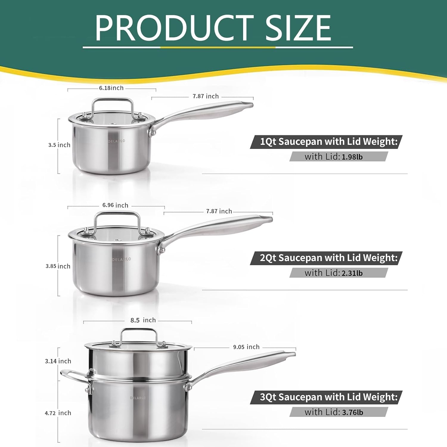 Kitchen Pot Set, Tri-Ply Stainless Steel Saucepan Set, 1.0QT 2QT 3.5QT, Cooking