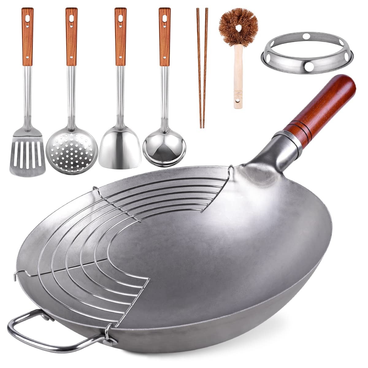 Carbon Steel Wok Traditional Hand Hammered – 13.4″ Chinese Woks Round Bottom