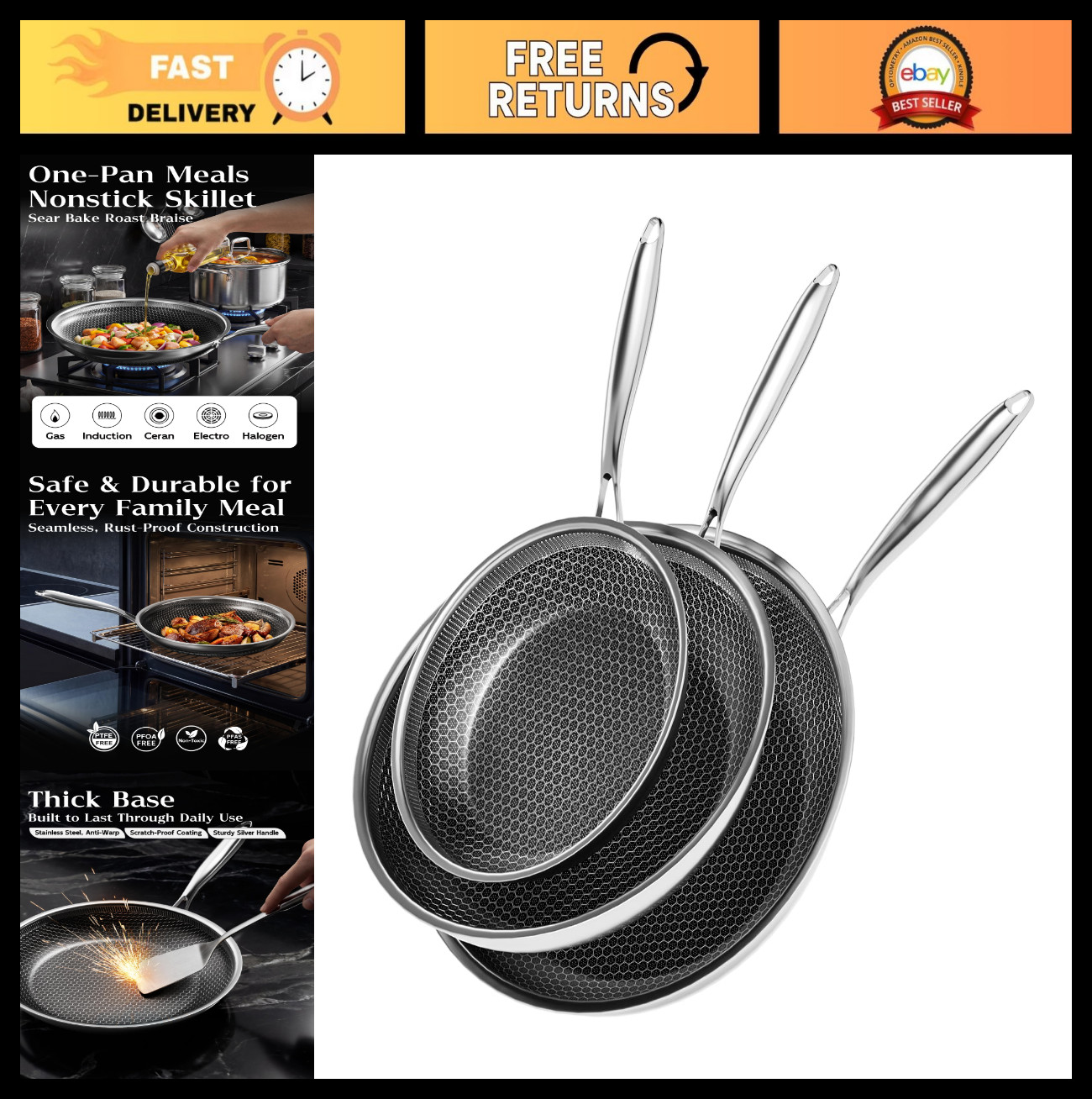 Nonstick Honeycomb Skillet Set, 8-10-12 Inch Stainless Steel Frying Pans, PFOA-F