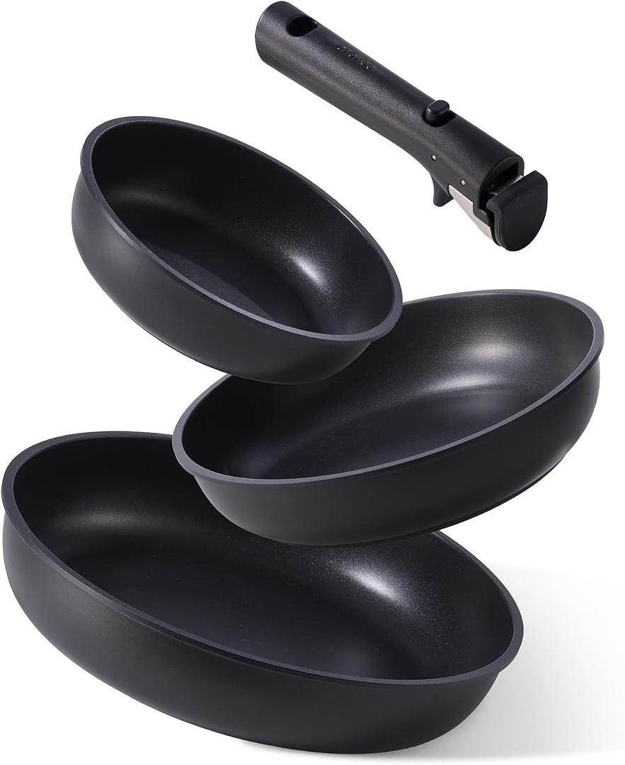 Non Stick Frying Pan Set 8″, 10″, and 12″ w/Universal Detachable Handle, Black