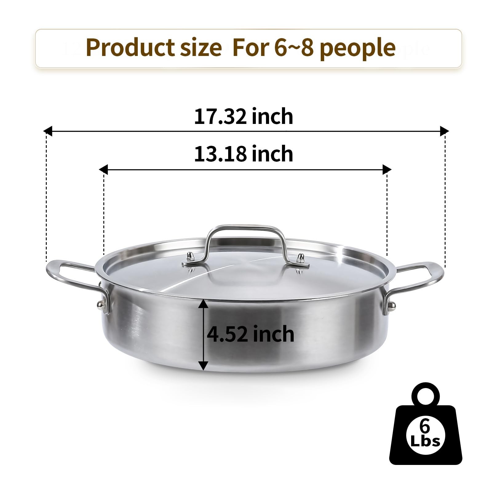 DELARLO Tri-Ply Stainless Steel 8 Quart Braiser Pan with Lid 8 Quarts, Silver