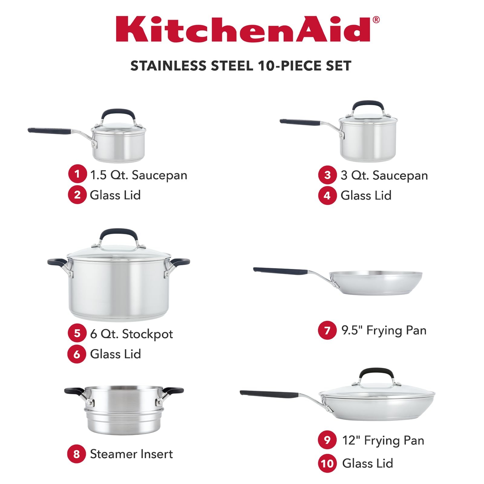 KitchenAid Stainless Steel Cookware 10 Piece, Brushed