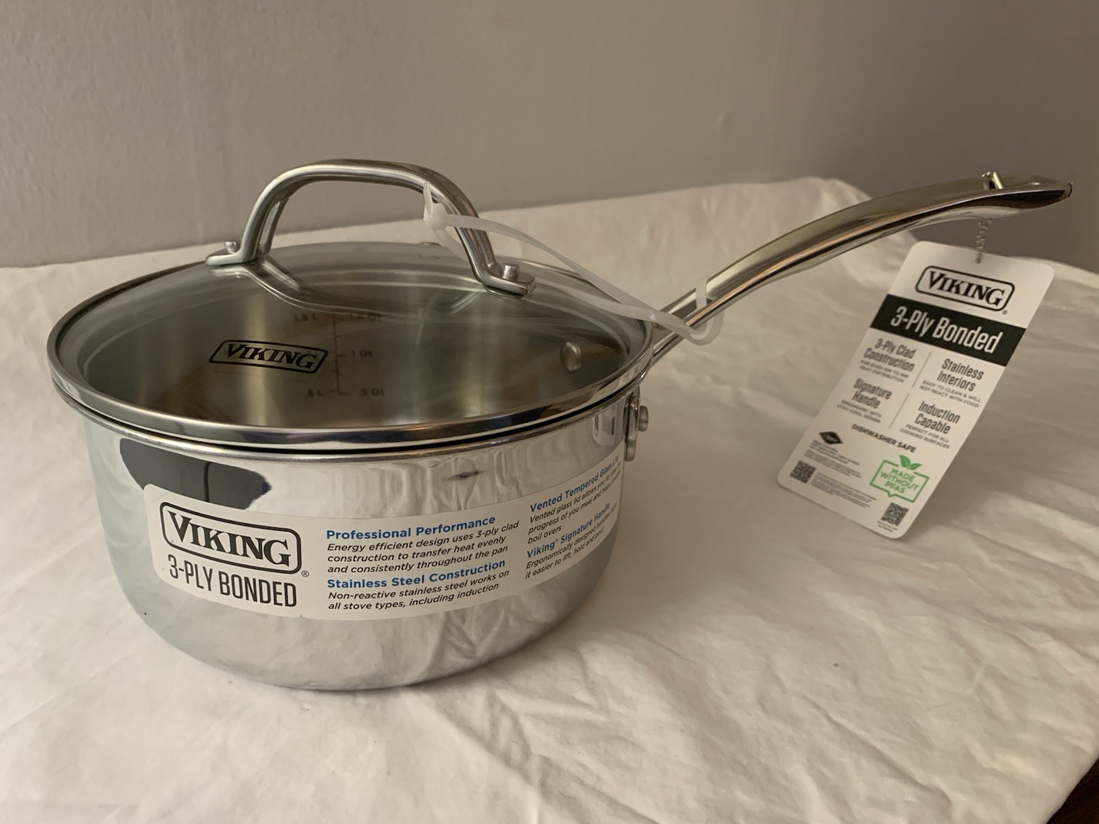 NWT VIKING 3-PLY STAINLESS STEEL Sauce Pan POT WITH GLASS LID 2.25 QT NEW