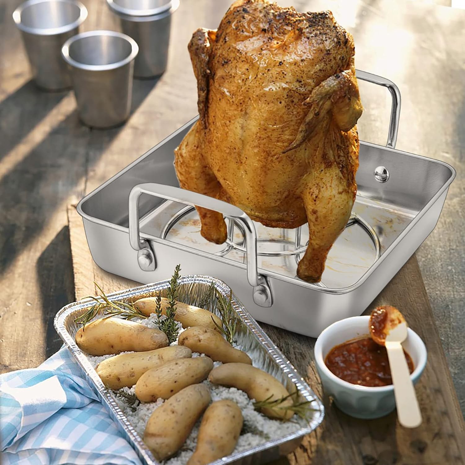 TeamFar Roasting Pan with Beer Can Chicken Holder, Stainless Steel Silver