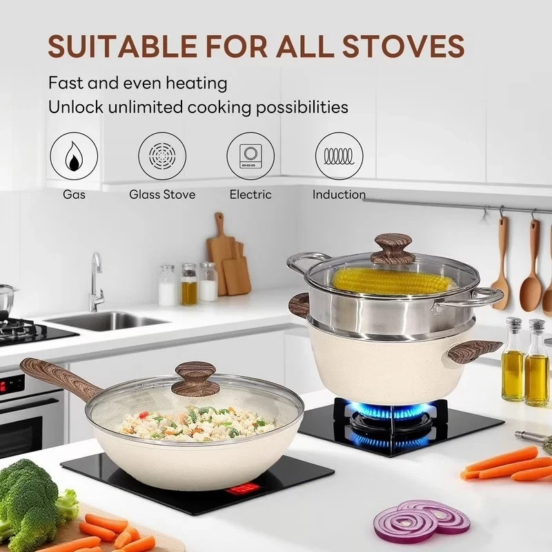 Gianna 17 Pcs Non-Stick Pots and Pans, Non-toxic Kitchen Cooking Set with Stay-C
