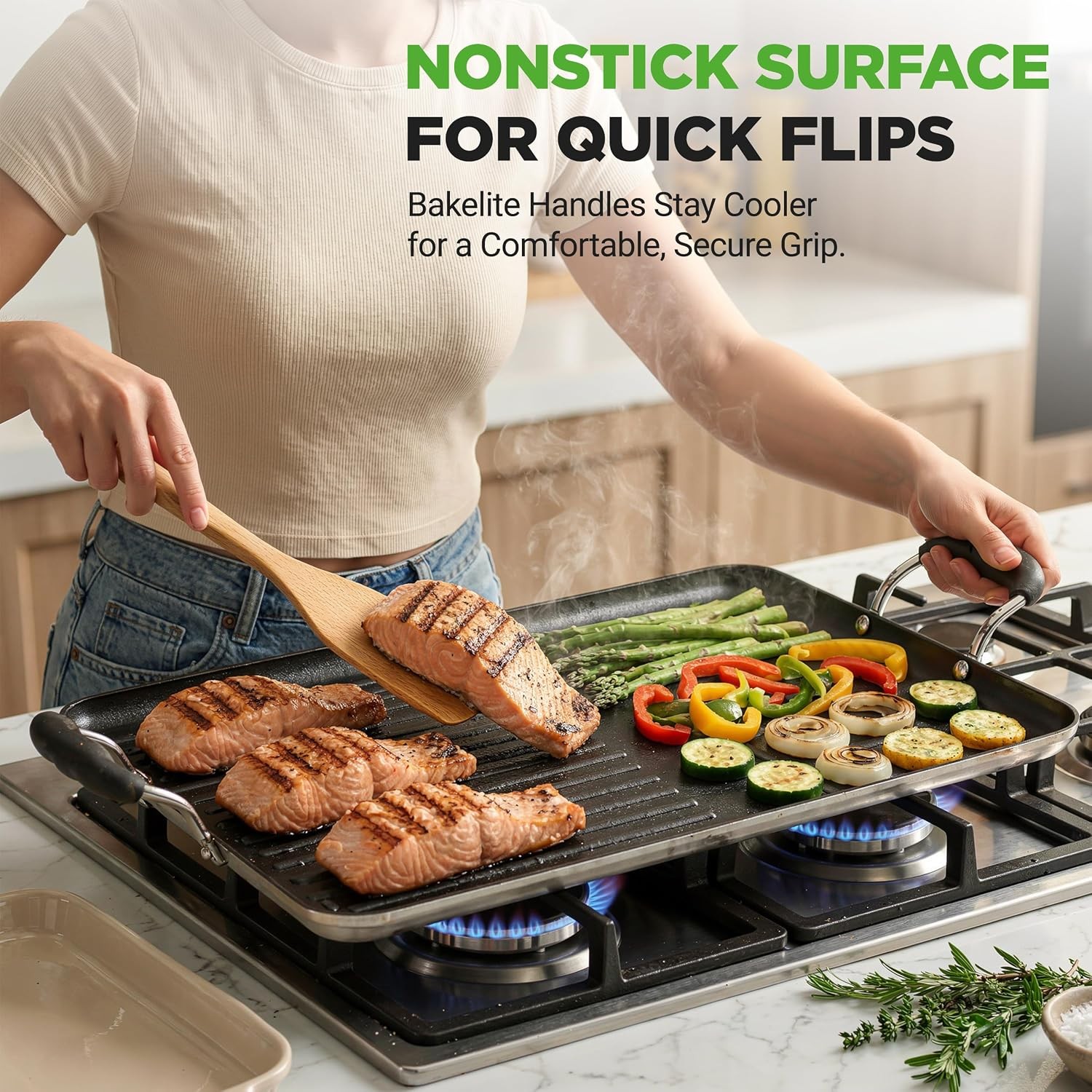 Large 24 Inch Double Burner Non Stick Griddle Skillet Dual Cooking Surfaces