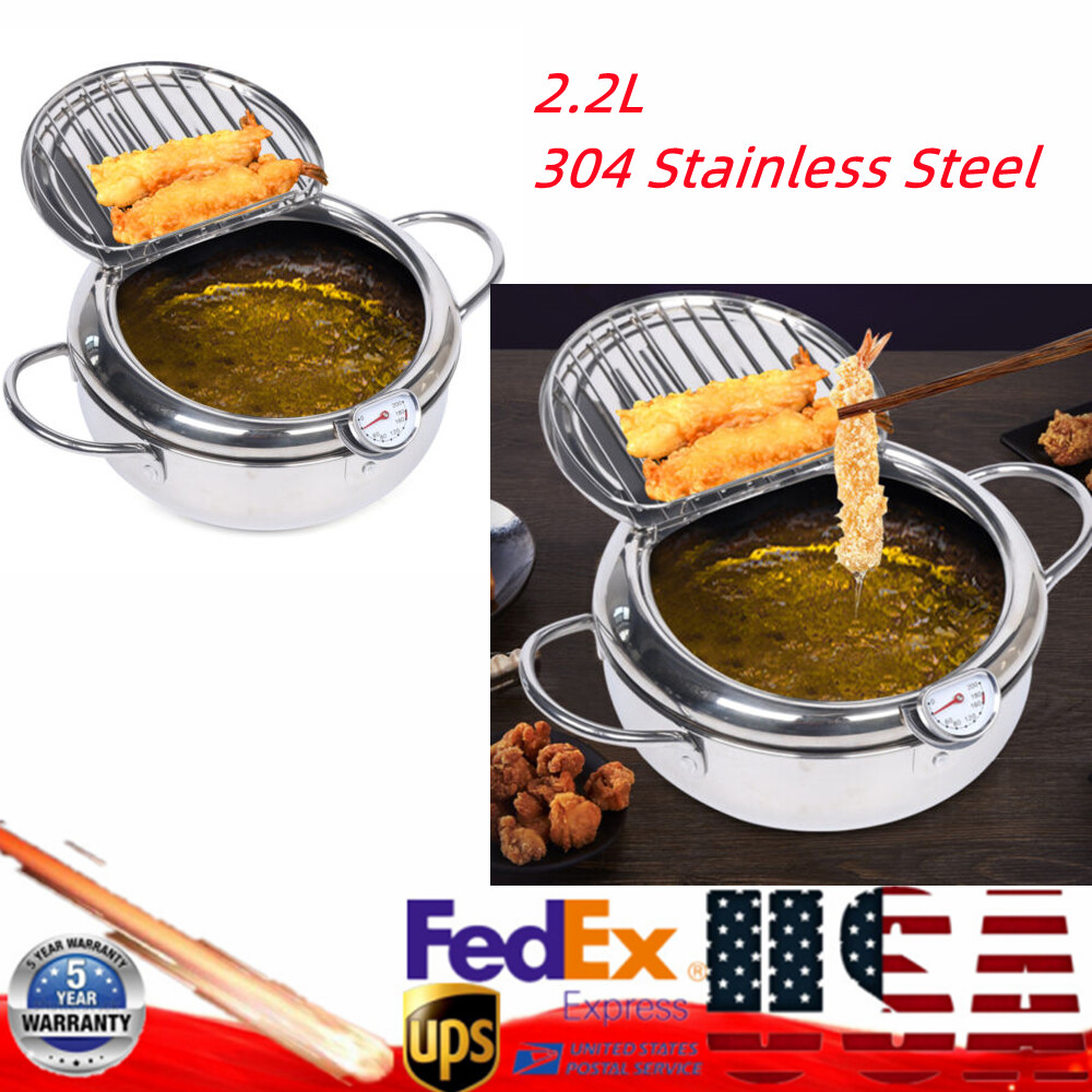 2.2L Deep Fryer Pot Non-sticky Kitchen Deep Frying Pan Fry Foods w/Thermometer